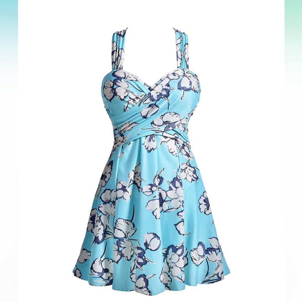 COCOPEAR  Elegant Crossover One Piece Swimdress BLUE Floral Skirted Swimsuit